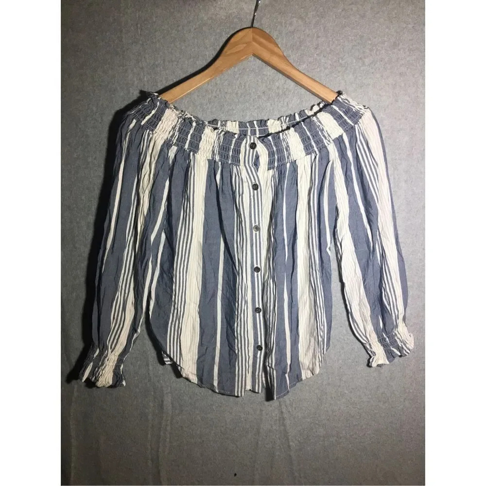 Womens Vintage Havana Shirt Off The Shoulder Striped Blue White Boho Button Up